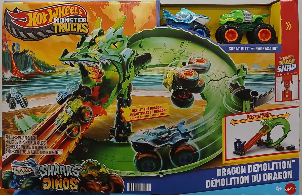 * Hot Wheels Monster Trucks Sharks vs. Dinos Dragon Demolition Playset  * Set de Juego Hot Wheels Monster Trucks Sharks vs. Dinos Demolición del Dragón