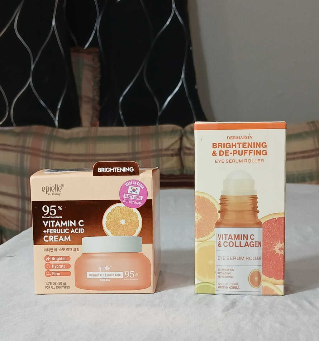 epielle Vitamin C & Ferulic Acid Face Cream (50g) with DERMAEON Eye Serum Roller (30ml) Routine Duo - Dúo de Rutina Facial Iluminadora Antioxidante - Crema epielle 50g y Rodillo de Ojos DERMAEON 30ml