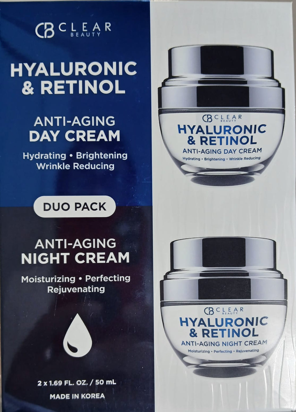 CB Clear Beauty Hyaluronic & Retinol Anti-Aging Day & Night Cream Duo Pack (2 x 50ml) - Set Facial Antiedad e Hidratación CB Clear Beauty Ácido Hialurónico y Retinol Día y Noche (2 x 50ml)